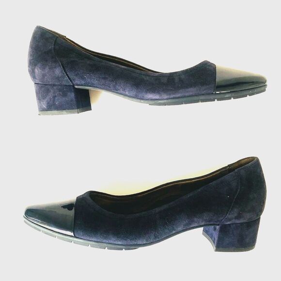 Paul Green Navy Suede Black Patent Cap Block Heel Pumps US size 7.5 Preppy - Picture 2 of 12